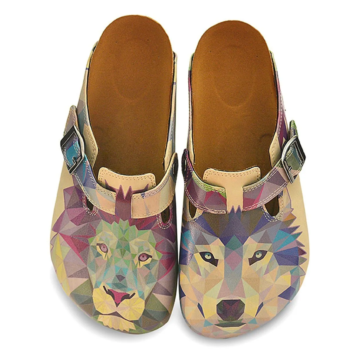 Beige Colored, Blue, Purple, Green Lion and Purple, Dark Blue Wolf Patterned Clogs - CAL335