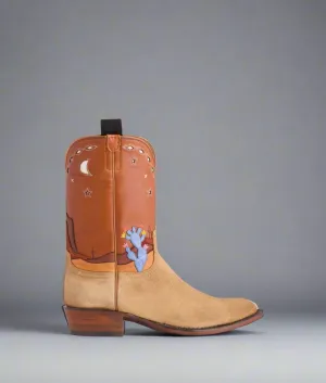 Beige Suede Leather And Brown Leather Barstow Slip On Western Cowboy Boots - Cowboy Boots