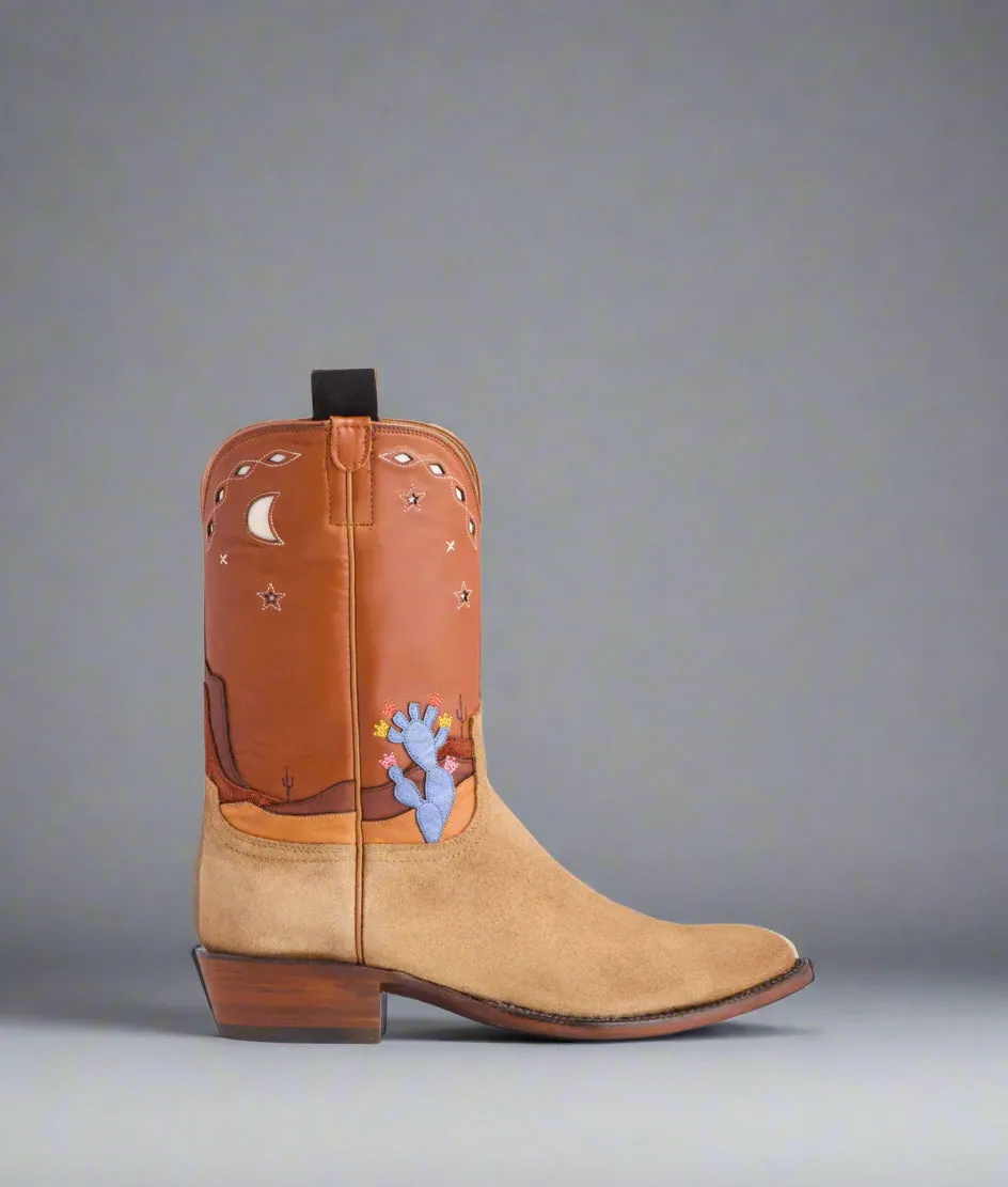 Beige Suede Leather And Brown Leather Barstow Slip On Western Cowboy Boots - Cowboy Boots