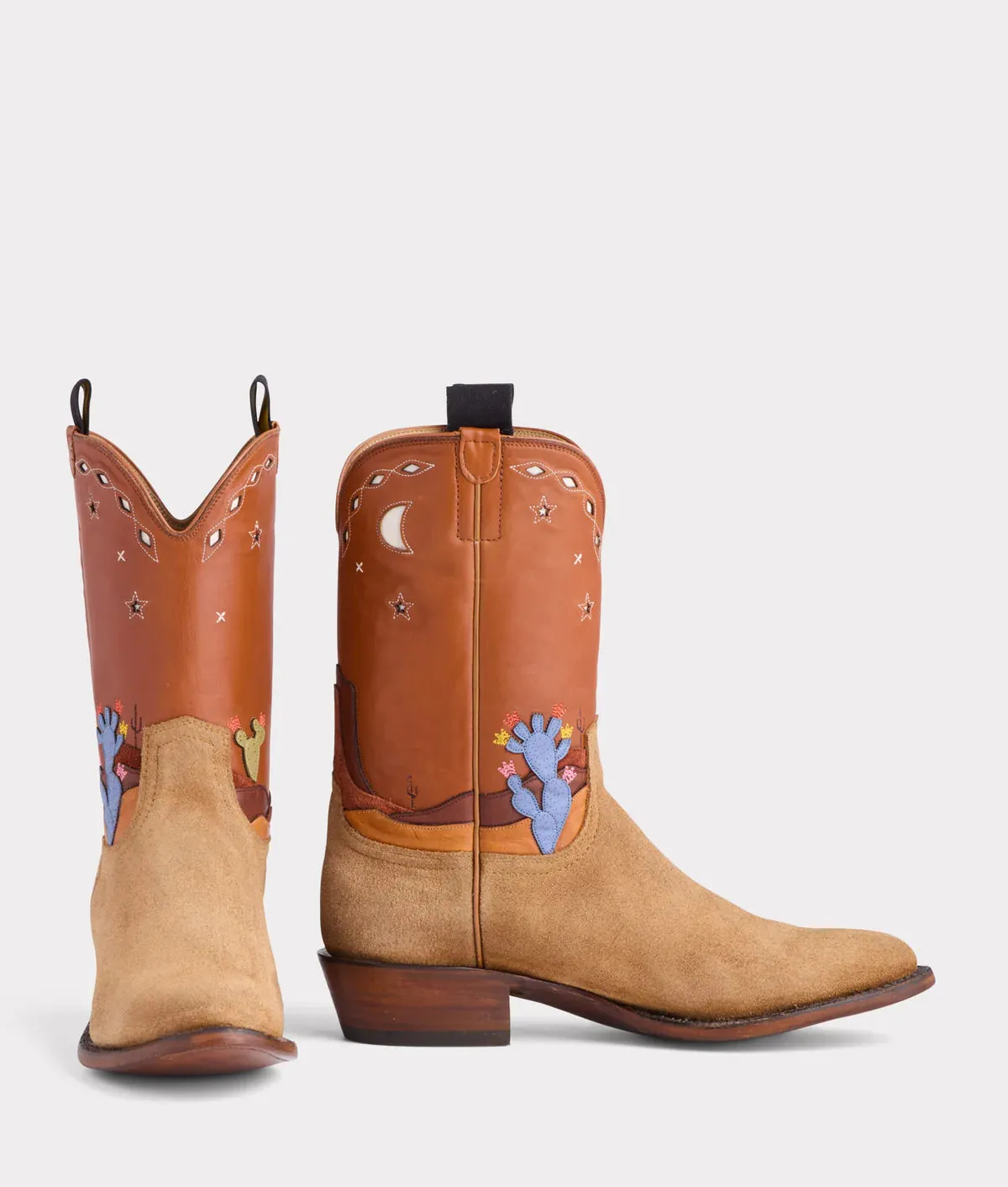 Beige Suede Leather And Brown Leather Barstow Slip On Western Cowboy Boots - Cowboy Boots