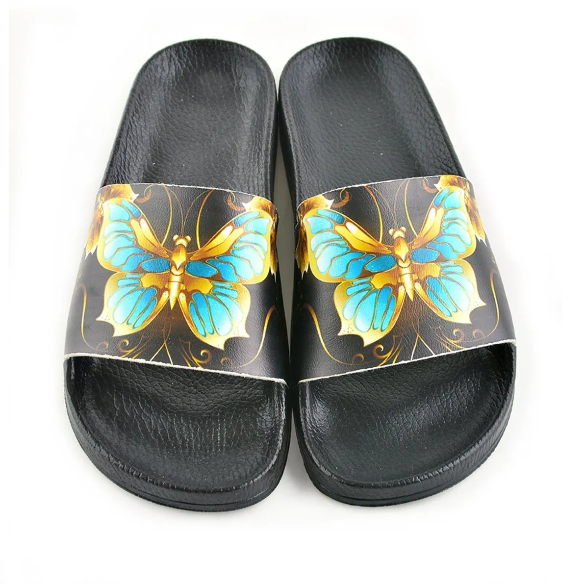 Black and Gold Colored Flowers and Gold, Blue Colored Butterflied Patterned Sandal - CAP204