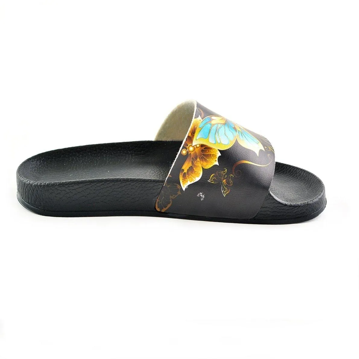 Black and Gold Colored Flowers and Gold, Blue Colored Butterflied Patterned Sandal - CAP204