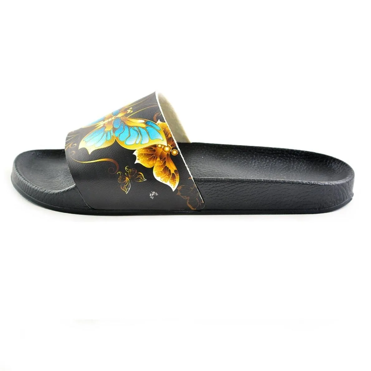 Black and Gold Colored Flowers and Gold, Blue Colored Butterflied Patterned Sandal - CAP204