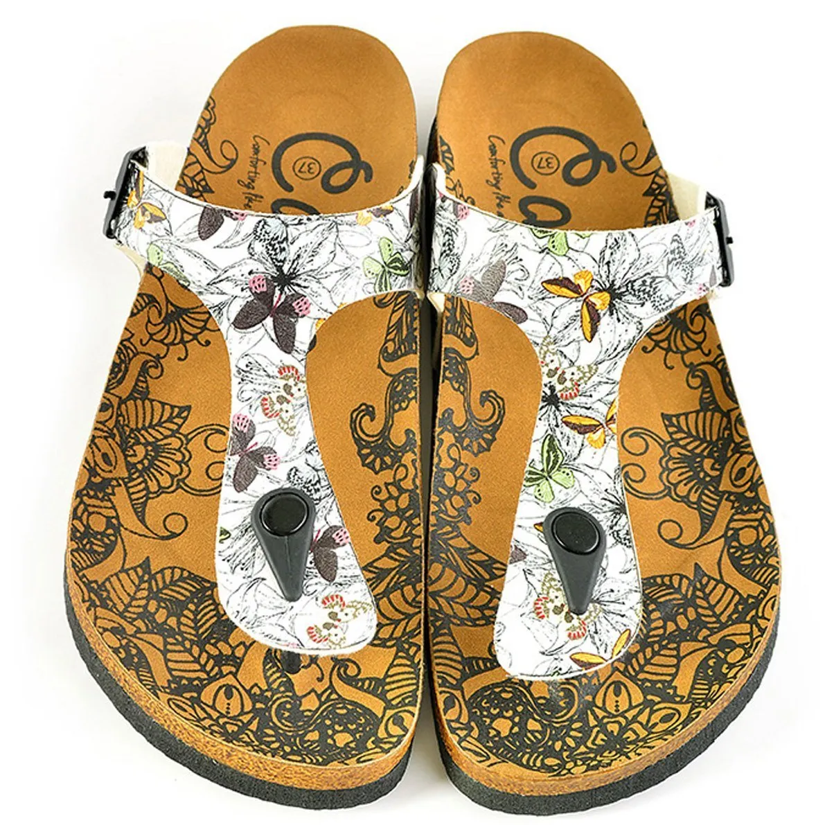 Black and White Flowers and Butterflied Patterned Sandal - CAL524