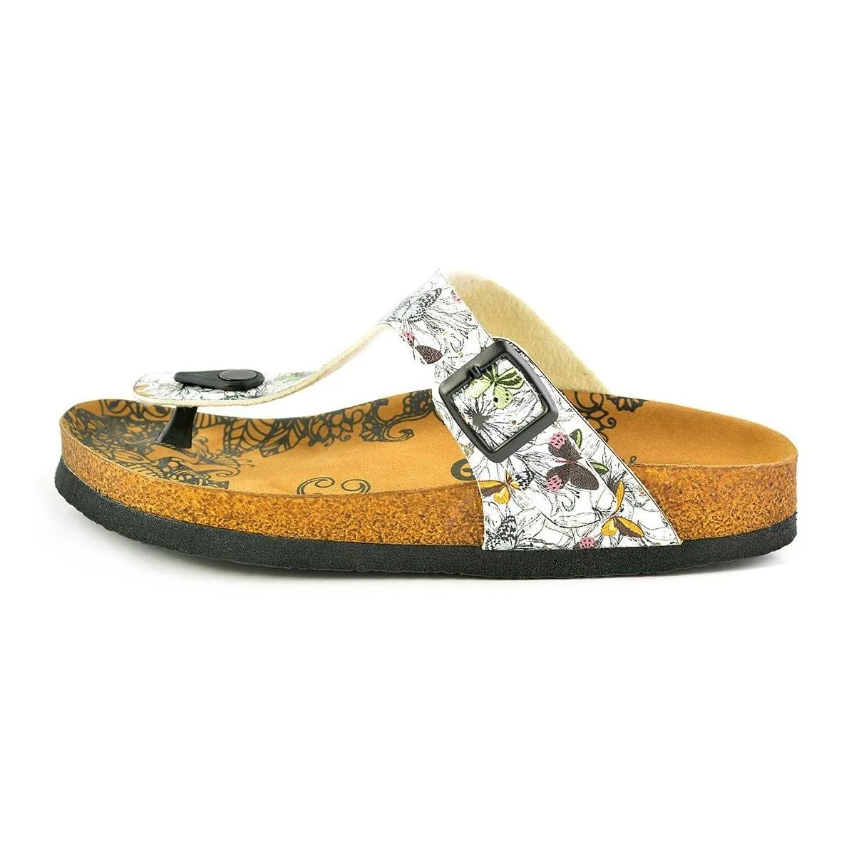 Black and White Flowers and Butterflied Patterned Sandal - CAL524