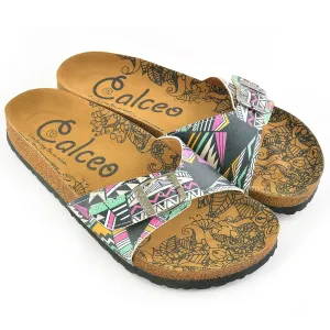 Black and White Striped, Colored Geometric Patterned Sandal - CAL903
