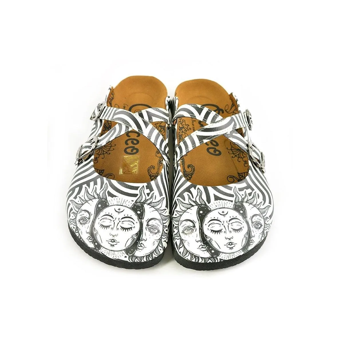 Black and White Wavy Straight Striped, Black Sun Crisscross Patterned Clogs - WCAL145