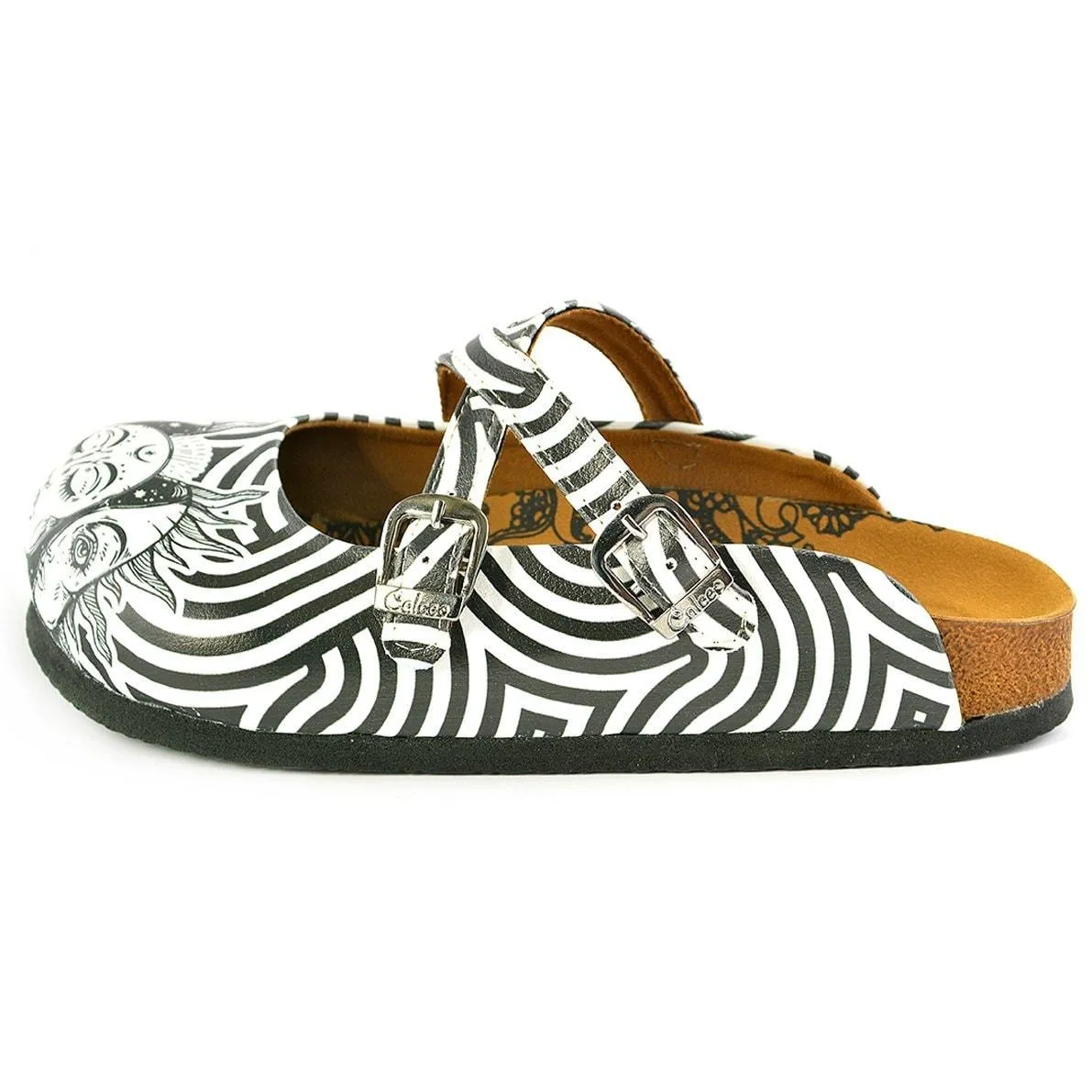 Black and White Wavy Straight Striped, Black Sun Crisscross Patterned Clogs - WCAL145
