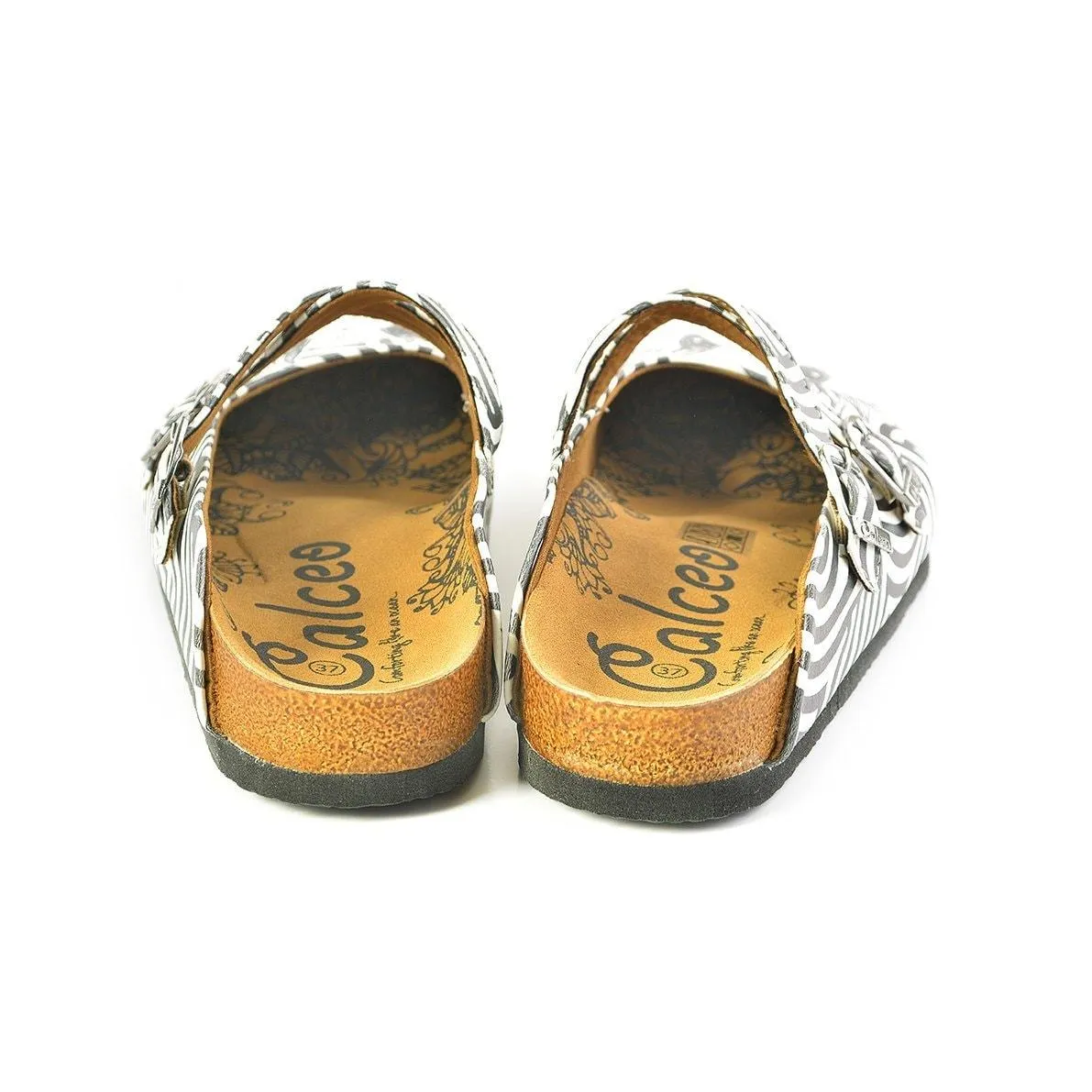 Black and White Wavy Straight Striped, Black Sun Crisscross Patterned Clogs - WCAL145