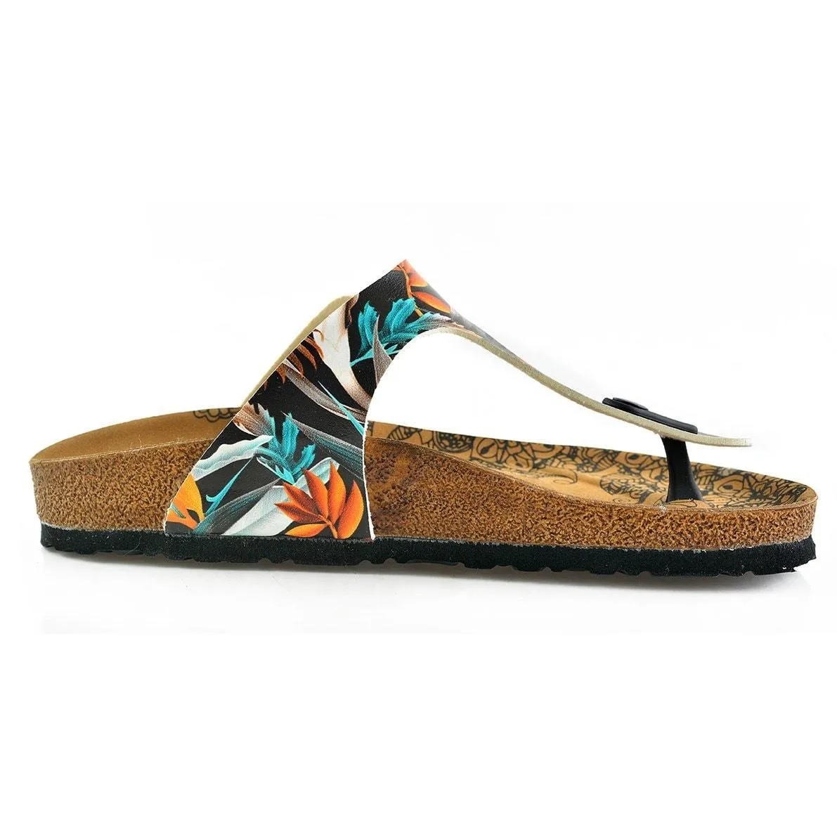 Black Colored and Orange, Blue Leaves Patterned Sandal - CAL514