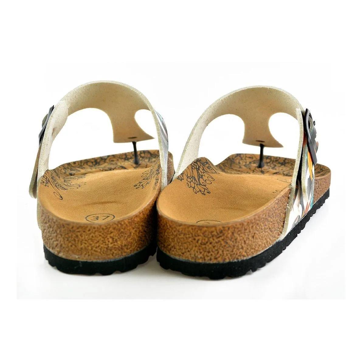 Black Colored and Orange, Blue Leaves Patterned Sandal - CAL514