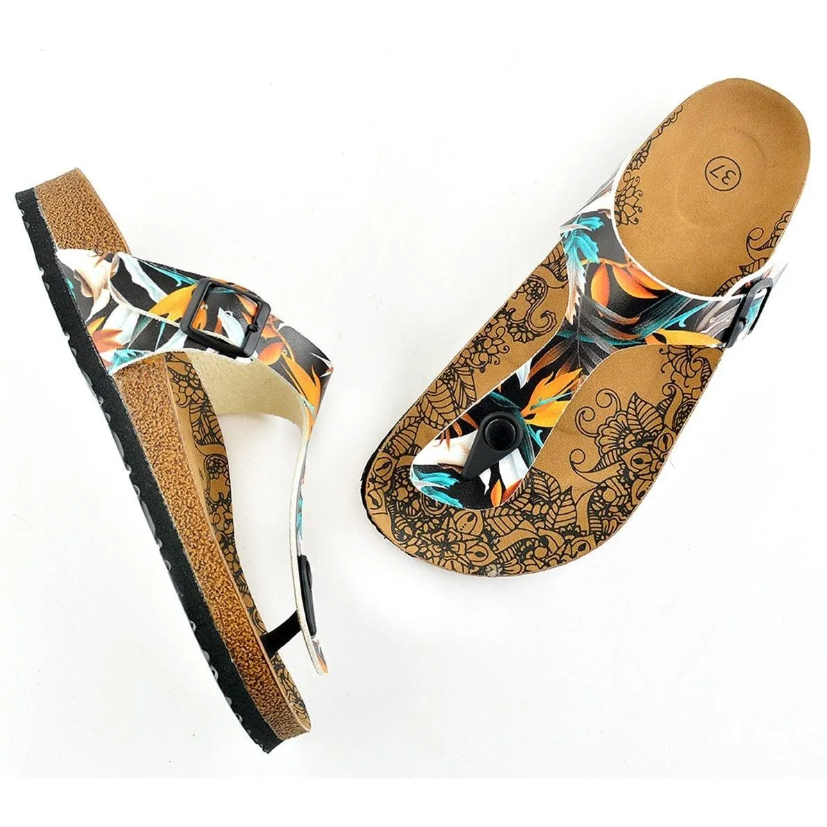 Black Colored and Orange, Blue Leaves Patterned Sandal - CAL514