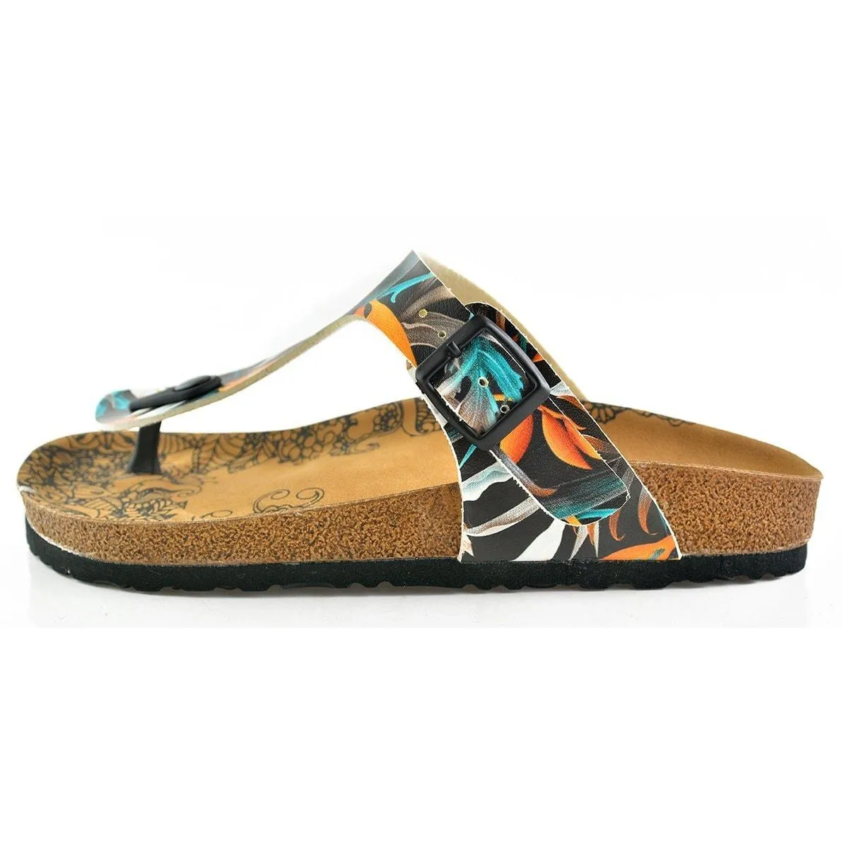 Black Colored and Orange, Blue Leaves Patterned Sandal - CAL514