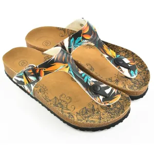 Black Colored and Orange, Blue Leaves Patterned Sandal - CAL514