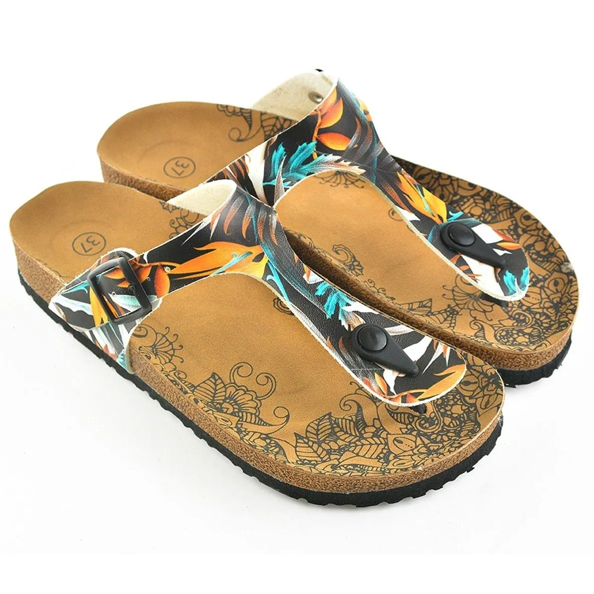 Black Colored and Orange, Blue Leaves Patterned Sandal - CAL514