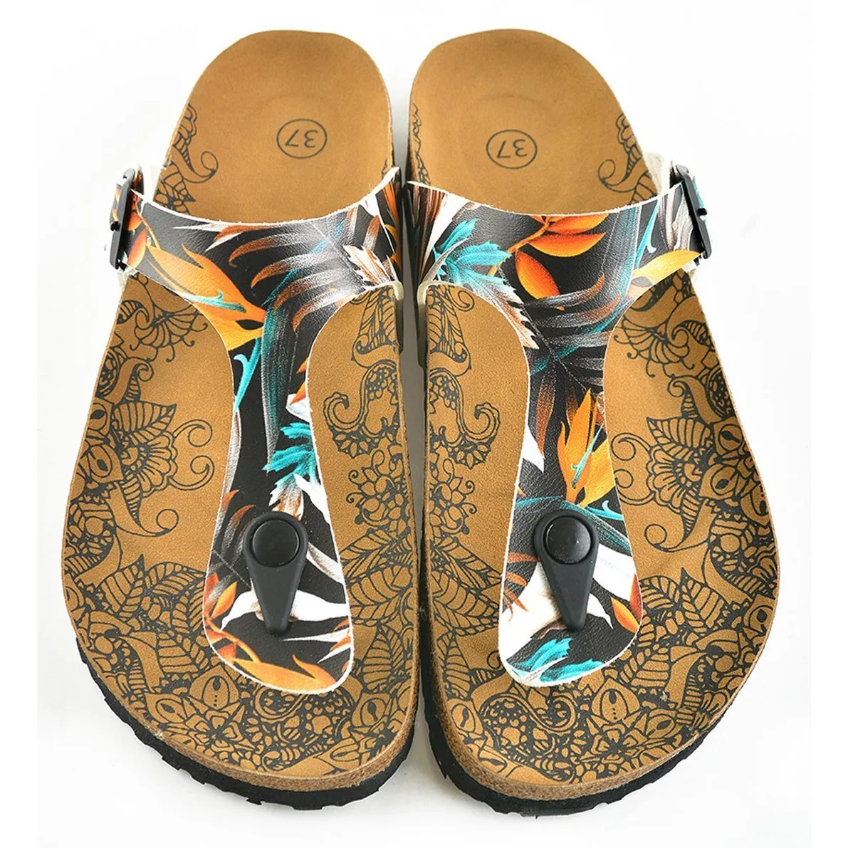 Black Colored and Orange, Blue Leaves Patterned Sandal - CAL514