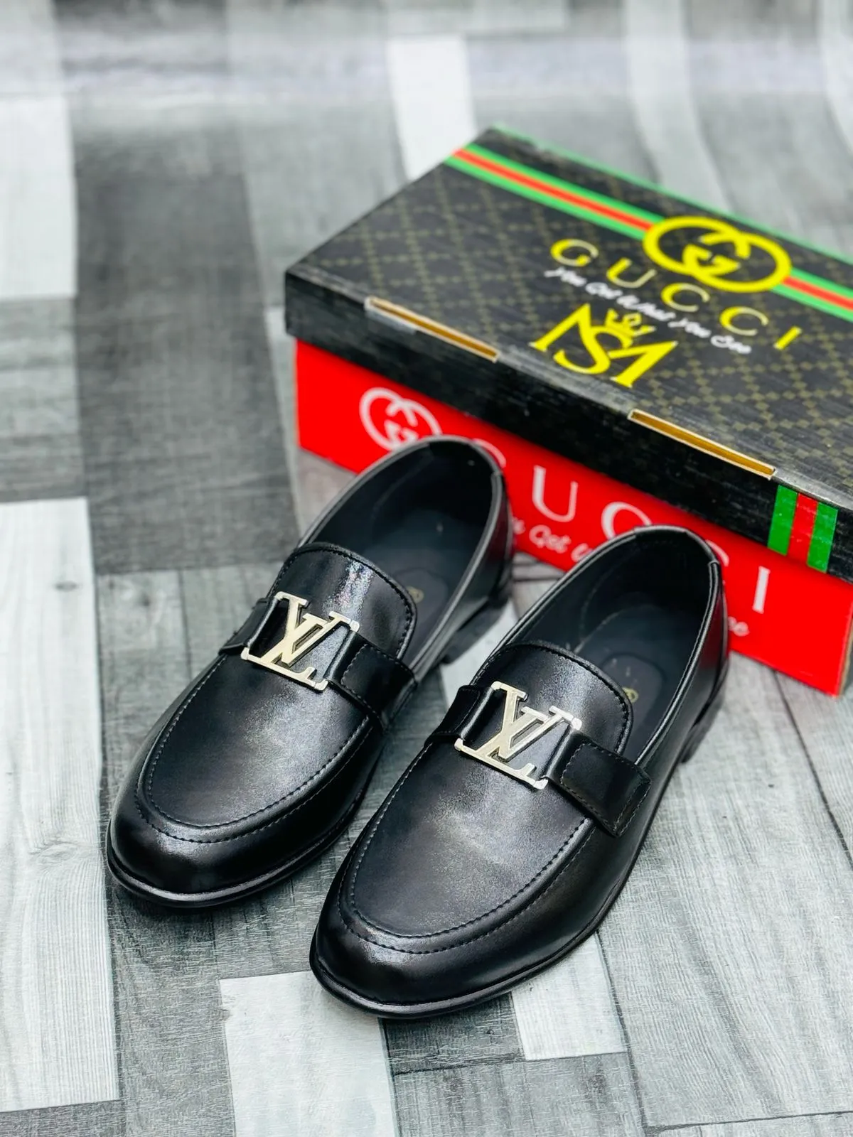 Black Leather Loafers with Gold Buckle – Premium Elegance