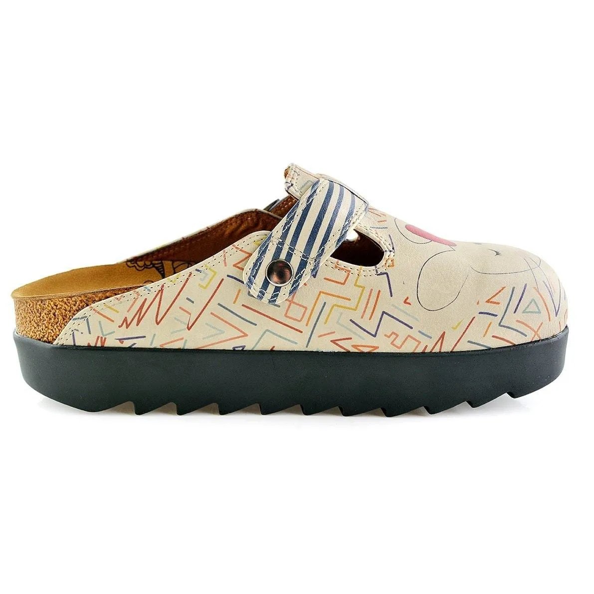 Blue and Cream Colored Strip, Blue Colored Sweet Cat Patterned Clogs - CAL706