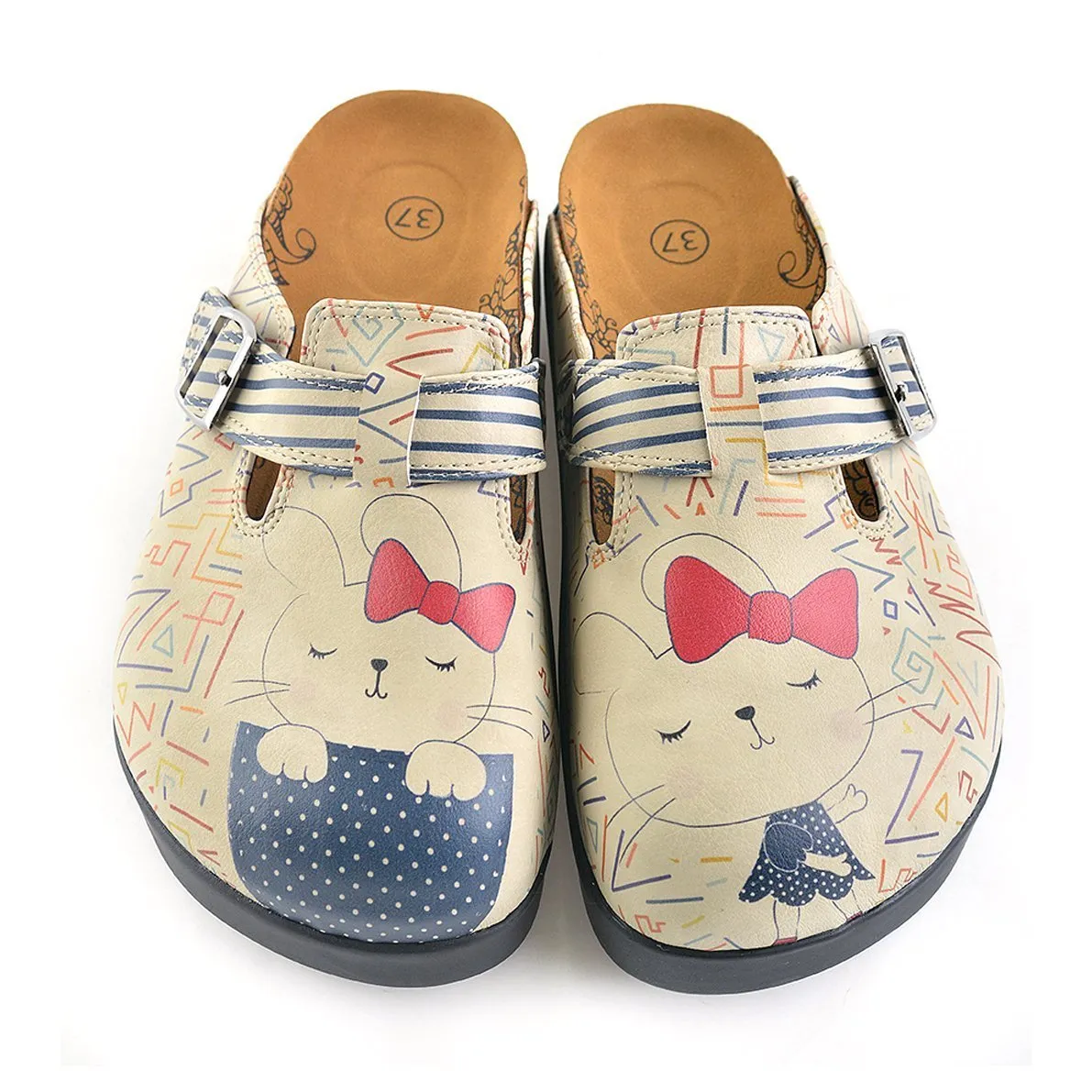 Blue and Cream Colored Strip, Blue Colored Sweet Cat Patterned Clogs - CAL706