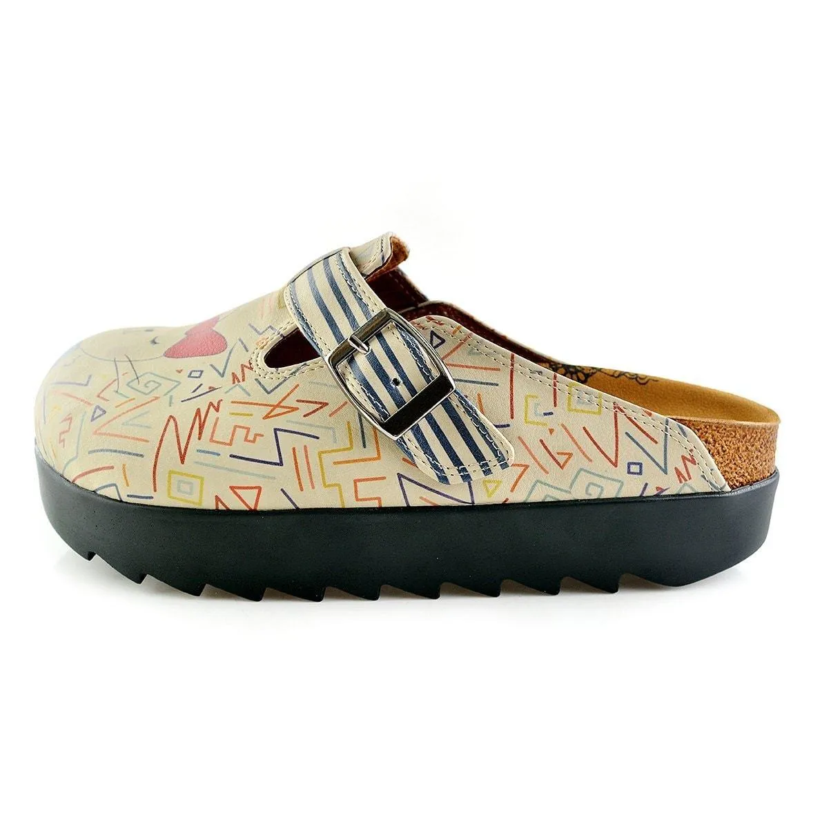 Blue and Cream Colored Strip, Blue Colored Sweet Cat Patterned Clogs - CAL706