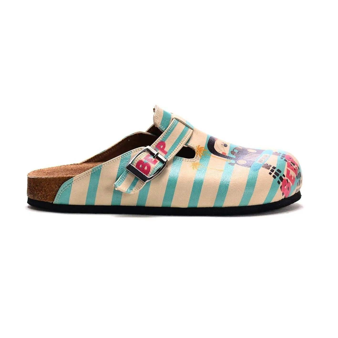 Blue and Cream Strip Pattern and Car Driver Dog, Beep, Patterned Clogs - CAL302