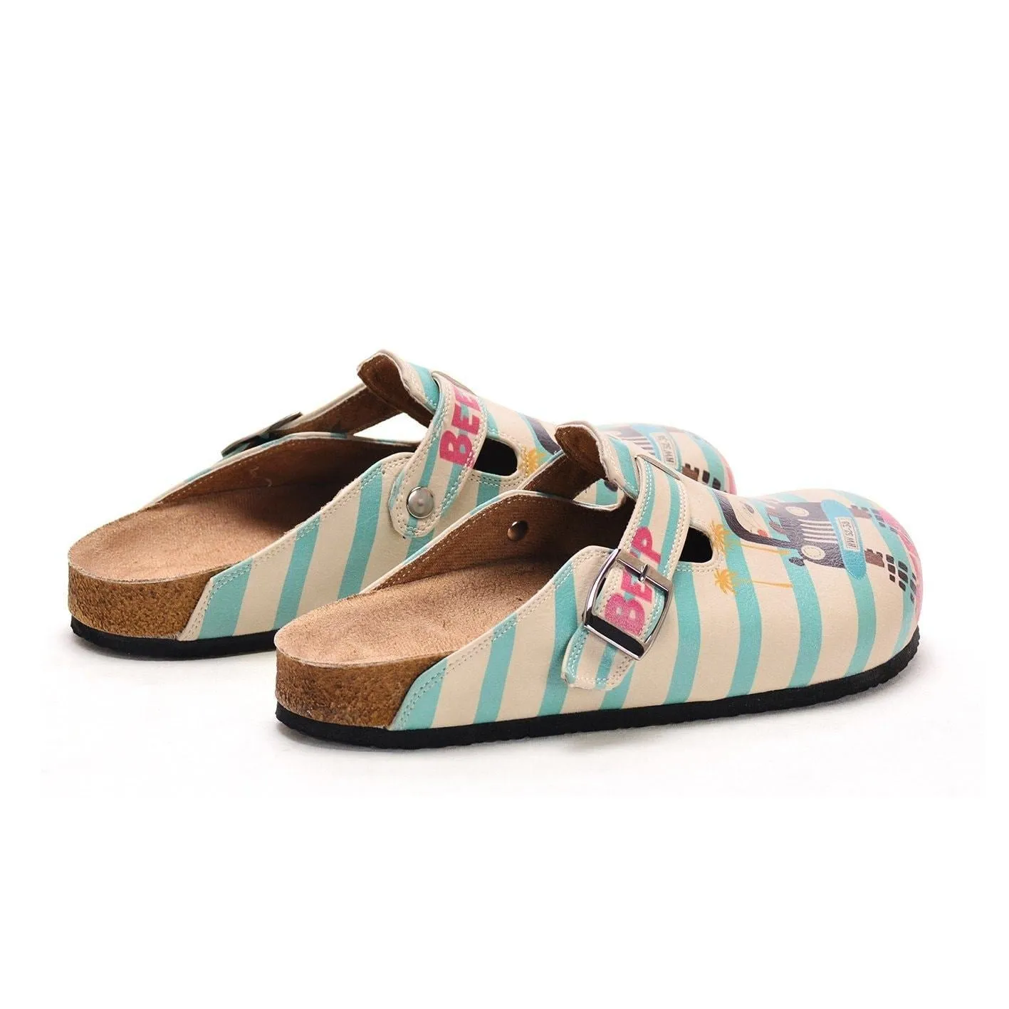 Blue and Cream Strip Pattern and Car Driver Dog, Beep, Patterned Clogs - CAL302