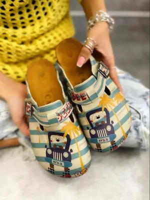 Blue and Cream Strip Pattern and Car Driver Dog, Beep, Patterned Clogs - CAL302