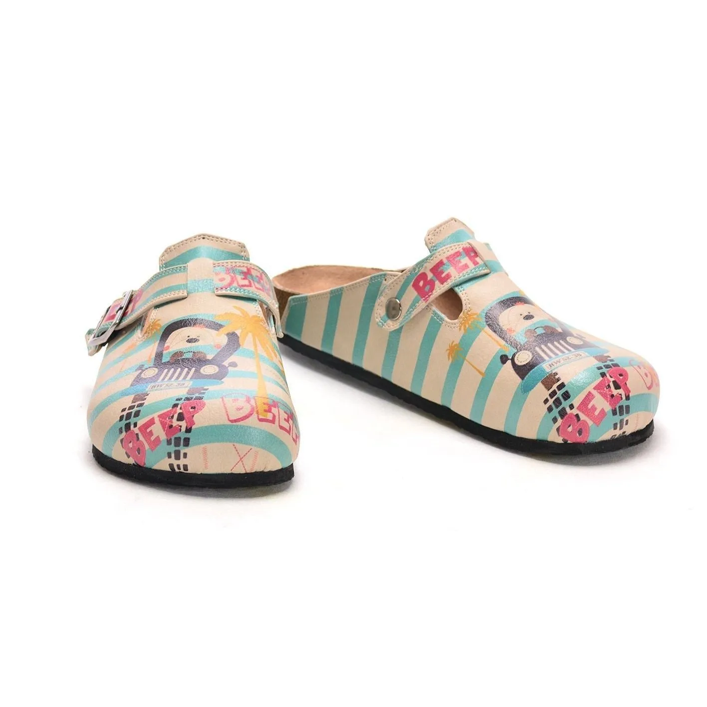 Blue and Cream Strip Pattern and Car Driver Dog, Beep, Patterned Clogs - CAL302