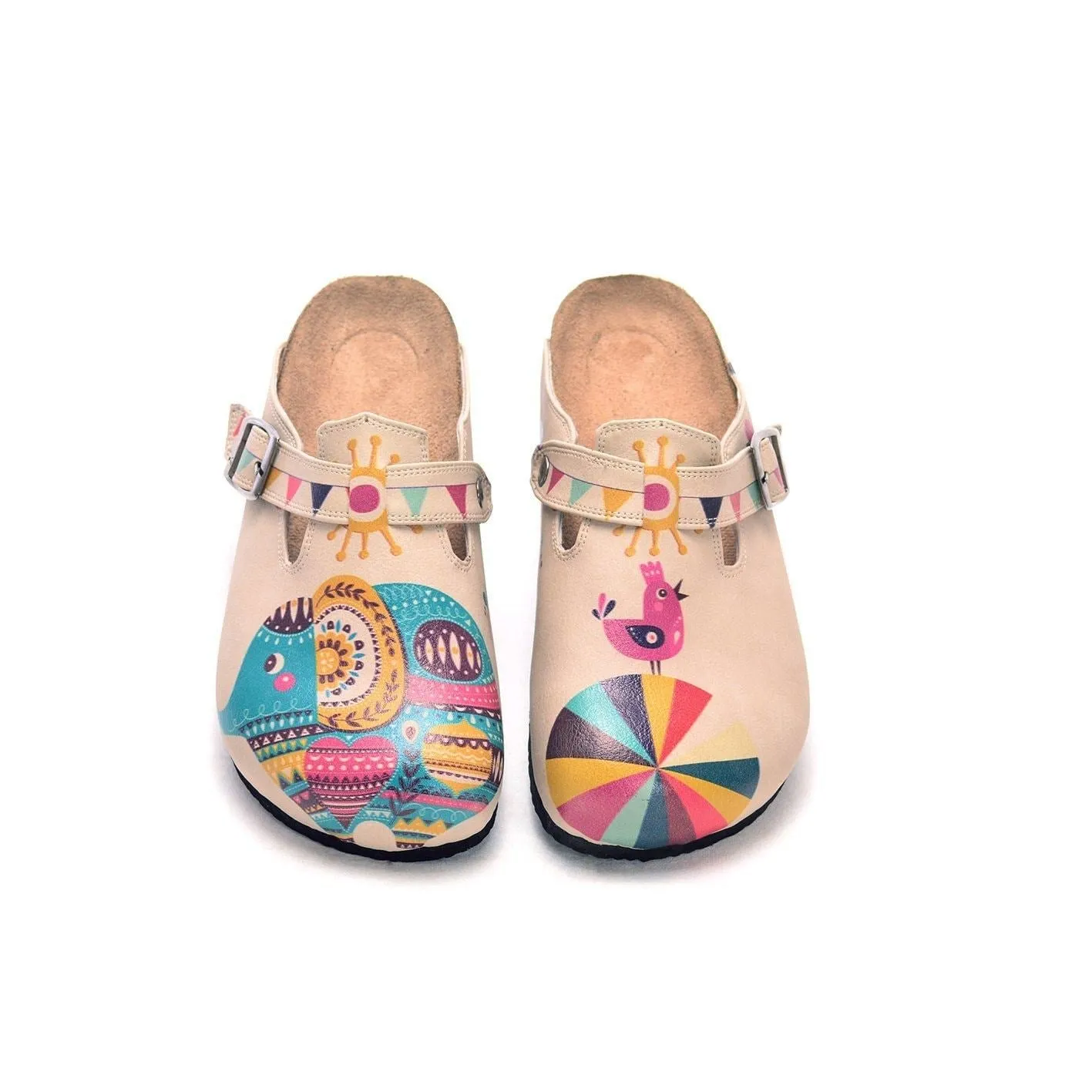 Blue, Pink Orange Color Elephant and Rainbow Round Ball and Purple Bird Patterned Clogs - CAL301