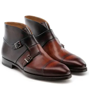 Brown Leather Ortigas Double Monk Strap Boots - Monk Strap Boots