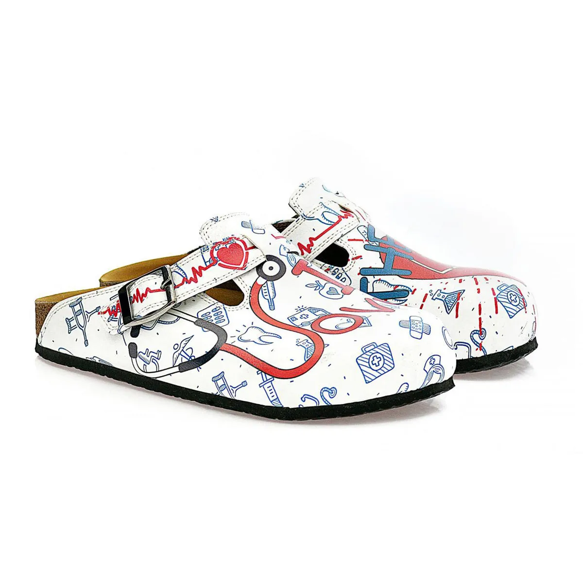 Calceo - Blue, Red and White Colored Doctor Patterned Clogs (WCAL325)