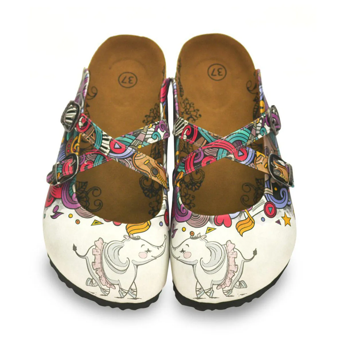 Calceo - White Colored and Pink, Blue, Green Shaped Patterned and Sweet Elephant Patterned Clogs - (WCAL126)