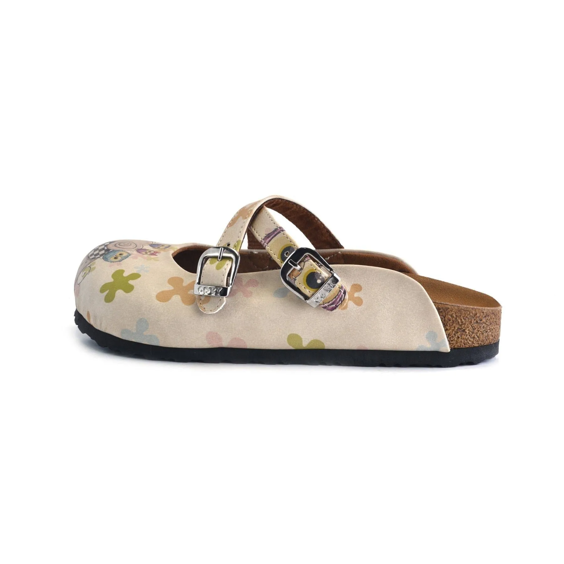 Colored Flowers and Blue, Purple, Green Owls, Elephant Patterned Clogs - CAL164