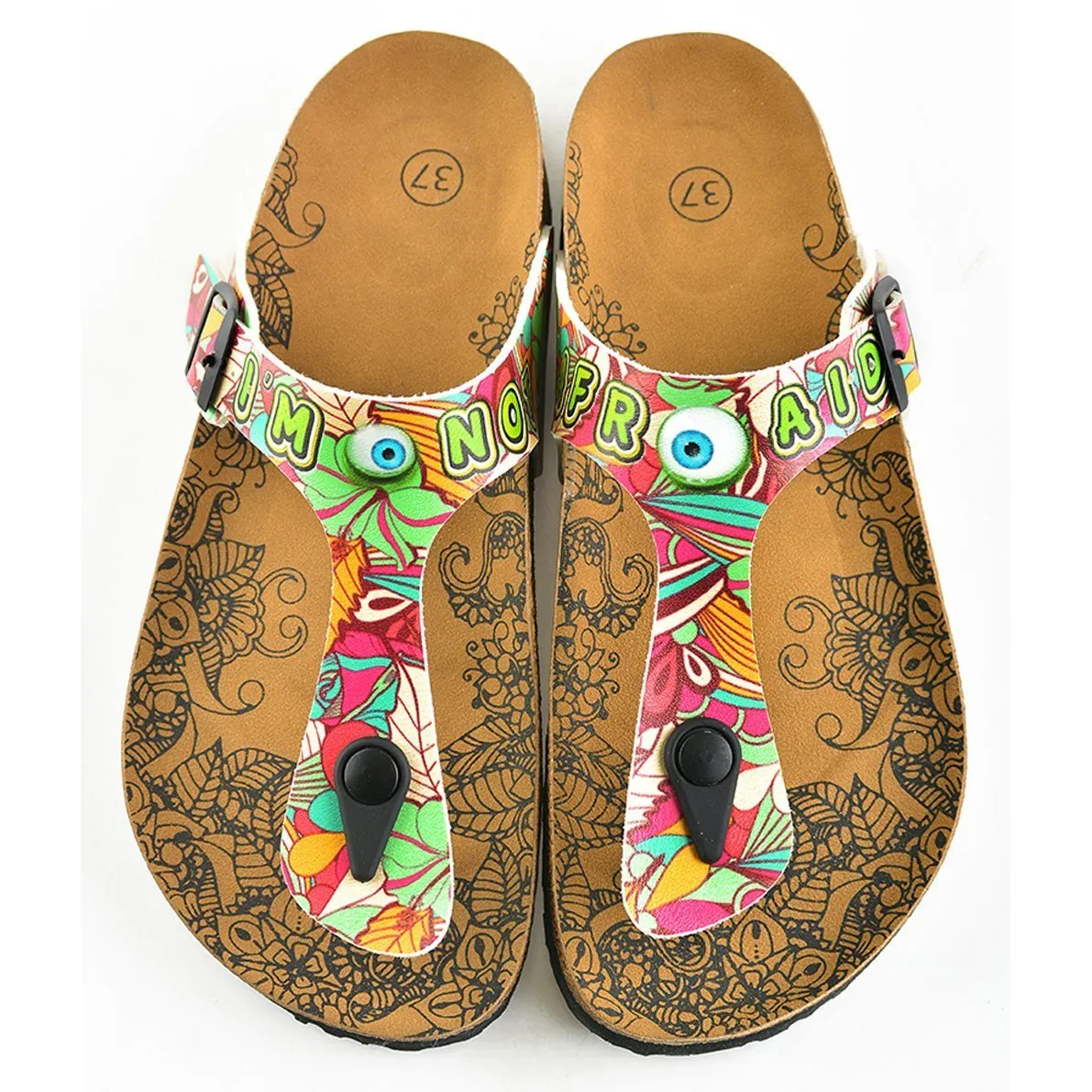 Colored Flowers and I am Not Afraid Written, Blue Eyes, Mixed Patterned Sandal - CAL502