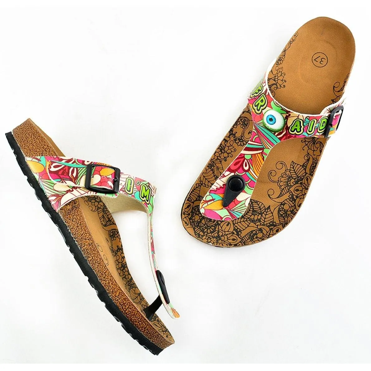Colored Flowers and I am Not Afraid Written, Blue Eyes, Mixed Patterned Sandal - CAL502