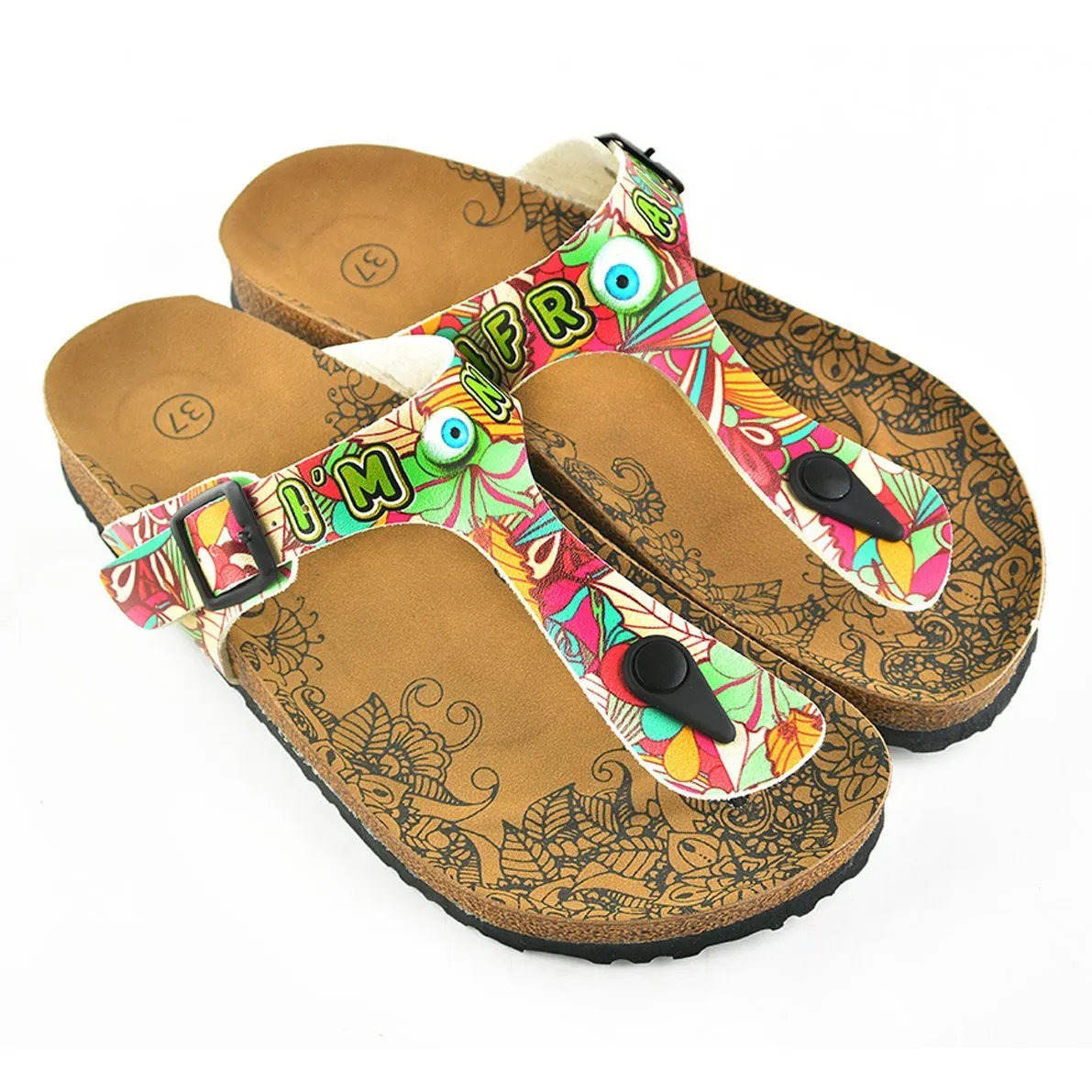 Colored Flowers and I am Not Afraid Written, Blue Eyes, Mixed Patterned Sandal - CAL502