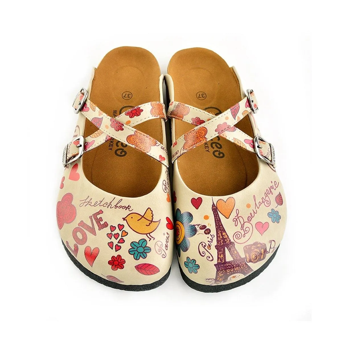 Colored Flowers and Yellow Bird, Eiffel Tower Patterned Clogs - CAL144