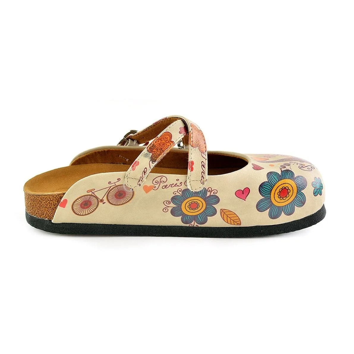 Colored Flowers and Yellow Bird, Eiffel Tower Patterned Clogs - CAL144