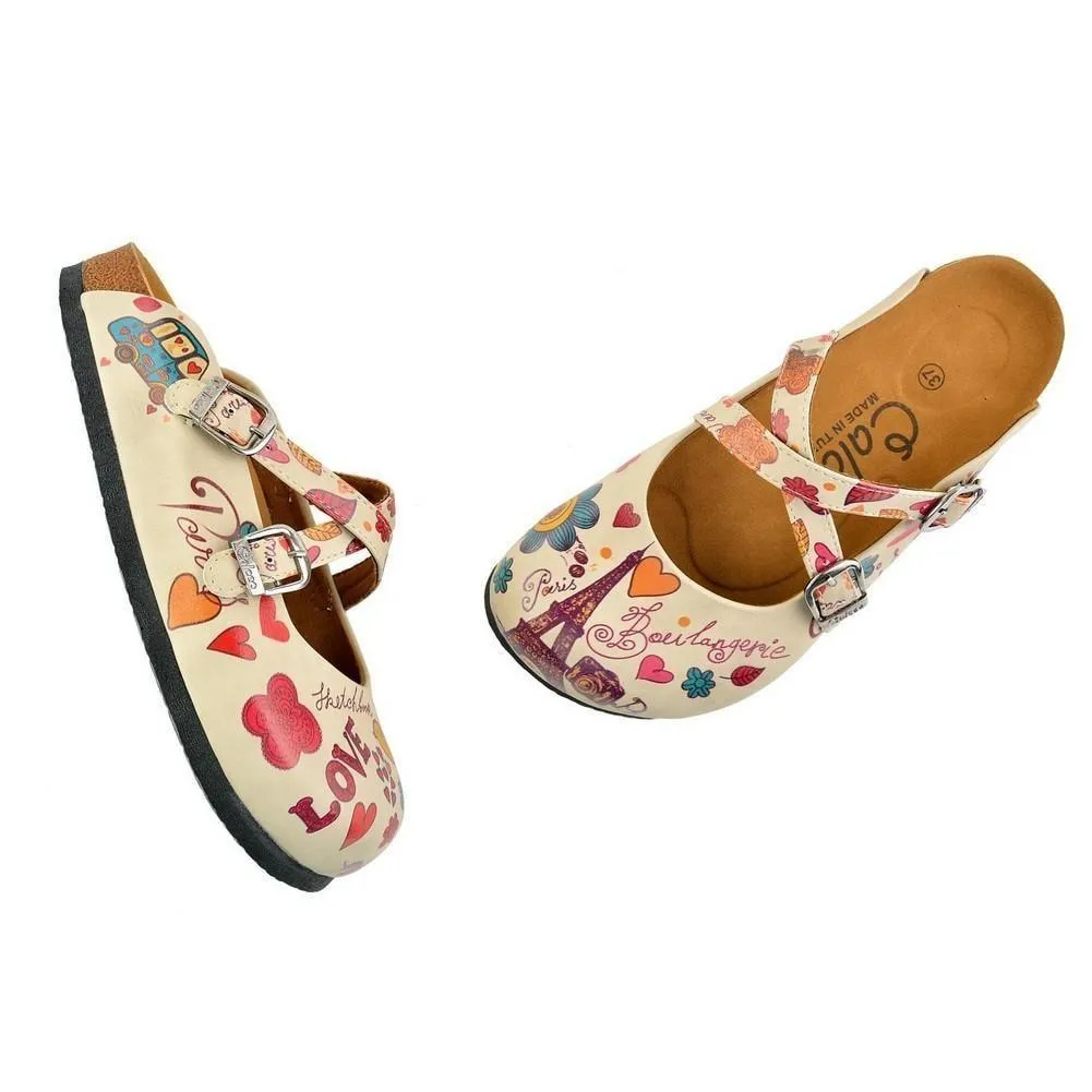 Colored Flowers and Yellow Bird, Eiffel Tower Patterned Clogs - CAL144