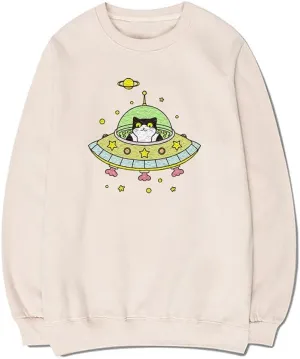 CORIRESHA Space Lover Sweatshirt Crew Neck Long Sleeve Cute Cat Spaceship Pullover