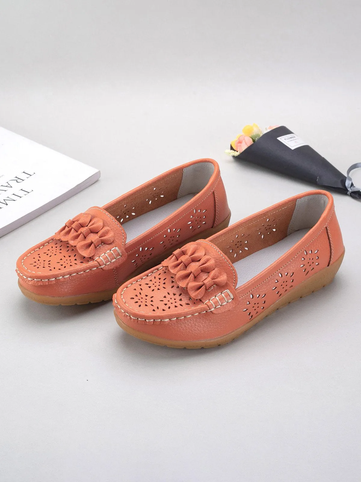 Cowhide Hollow Casual Flat Shoes