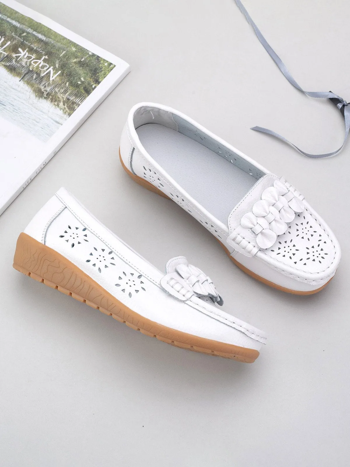 Cowhide Hollow Casual Flat Shoes