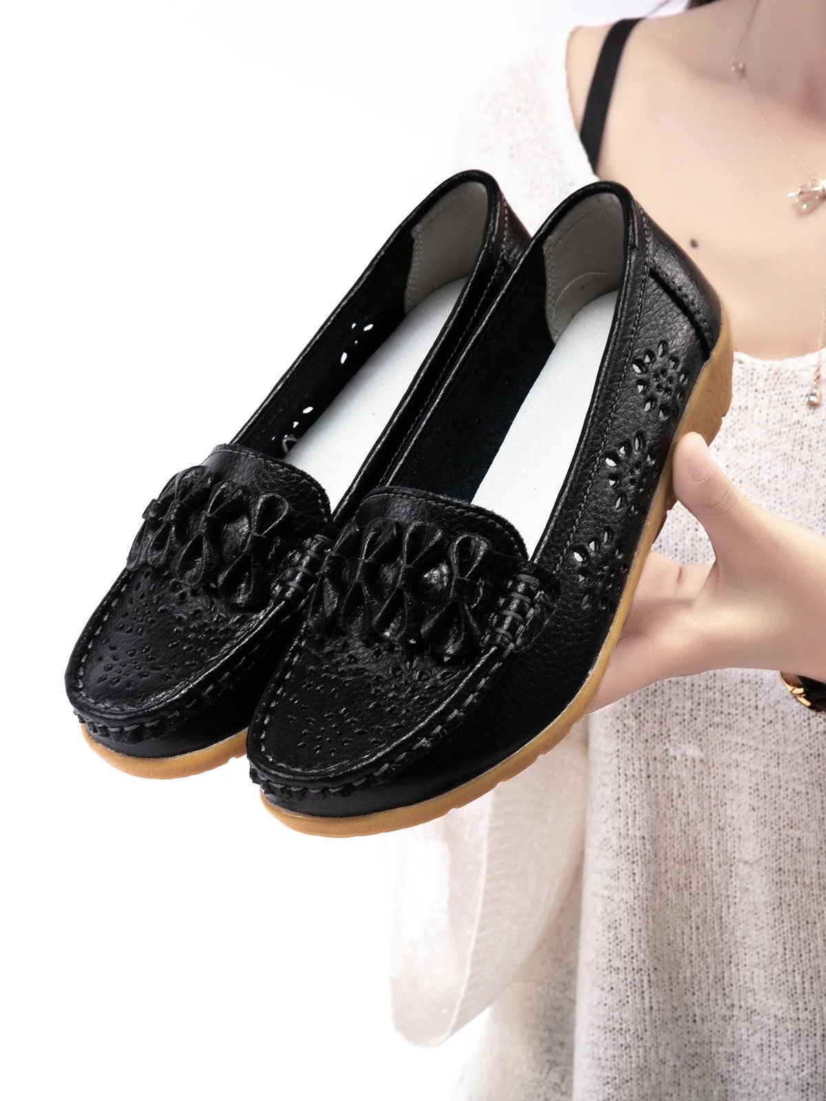 Cowhide Hollow Casual Flat Shoes
