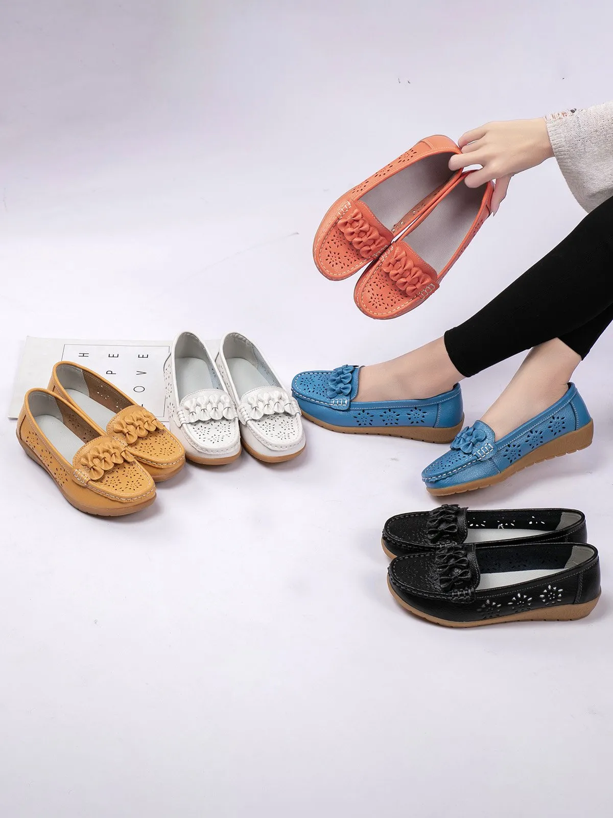 Cowhide Hollow Casual Flat Shoes