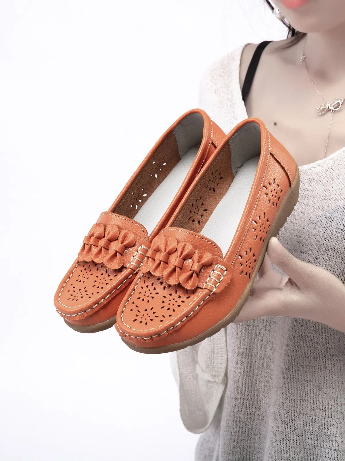 Cowhide Hollow Casual Flat Shoes