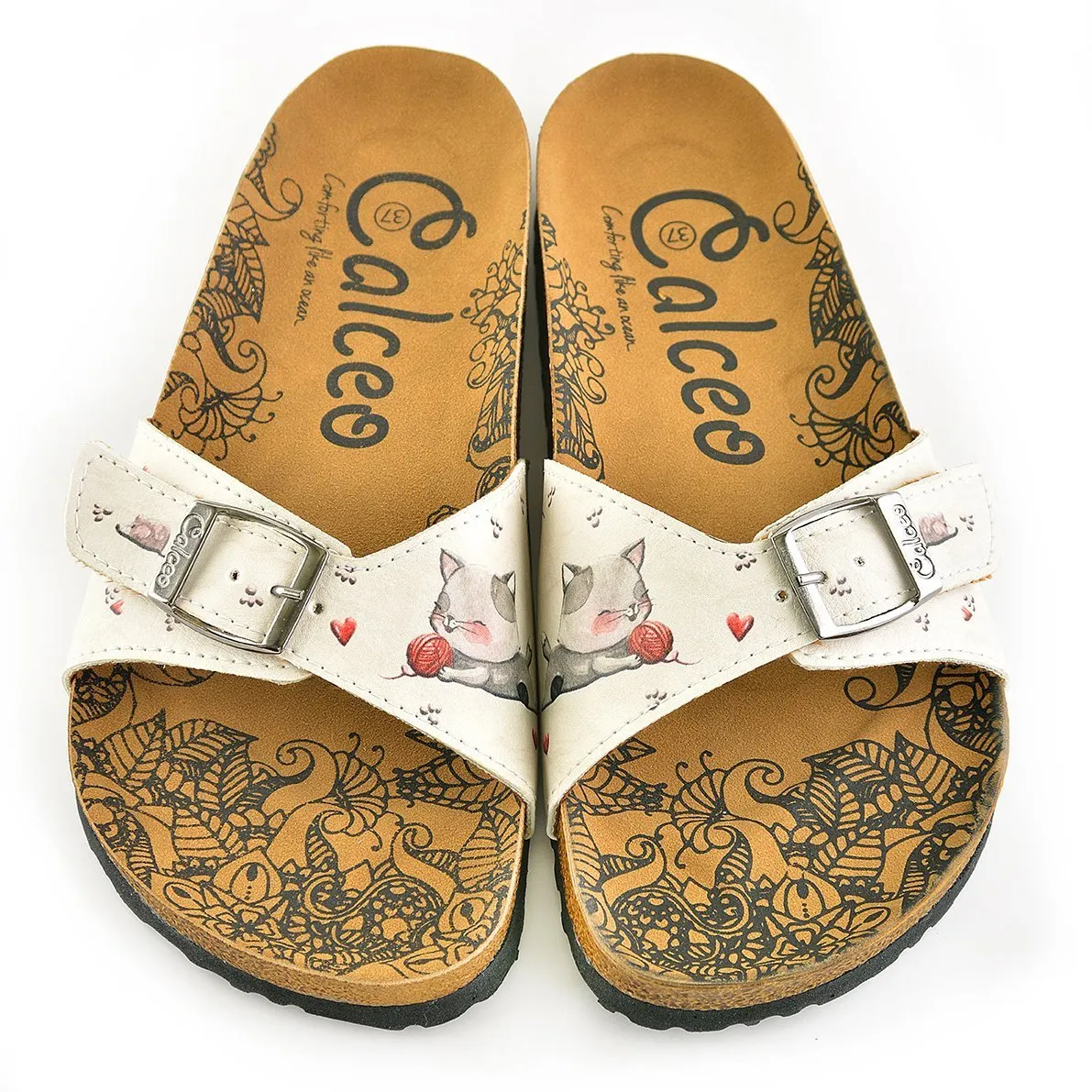 Cream and Grey Colored Sweet Playing Cat Patterned Sandal - CAL909