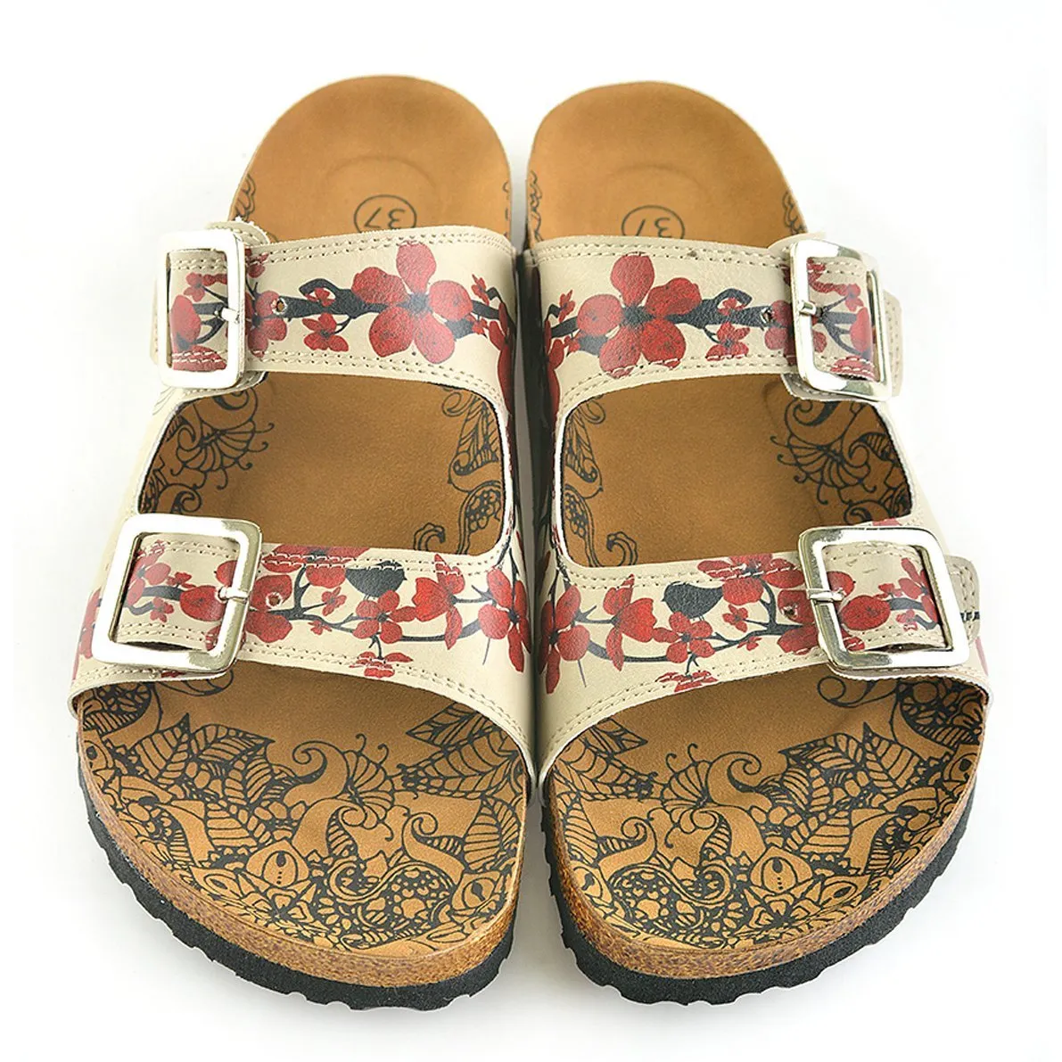 Cream and Red Flowers, Black Tree Leaf and Black Bird Patterned Sandal - CAL207