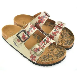 Cream and Red Flowers, Black Tree Leaf and Black Bird Patterned Sandal - CAL207