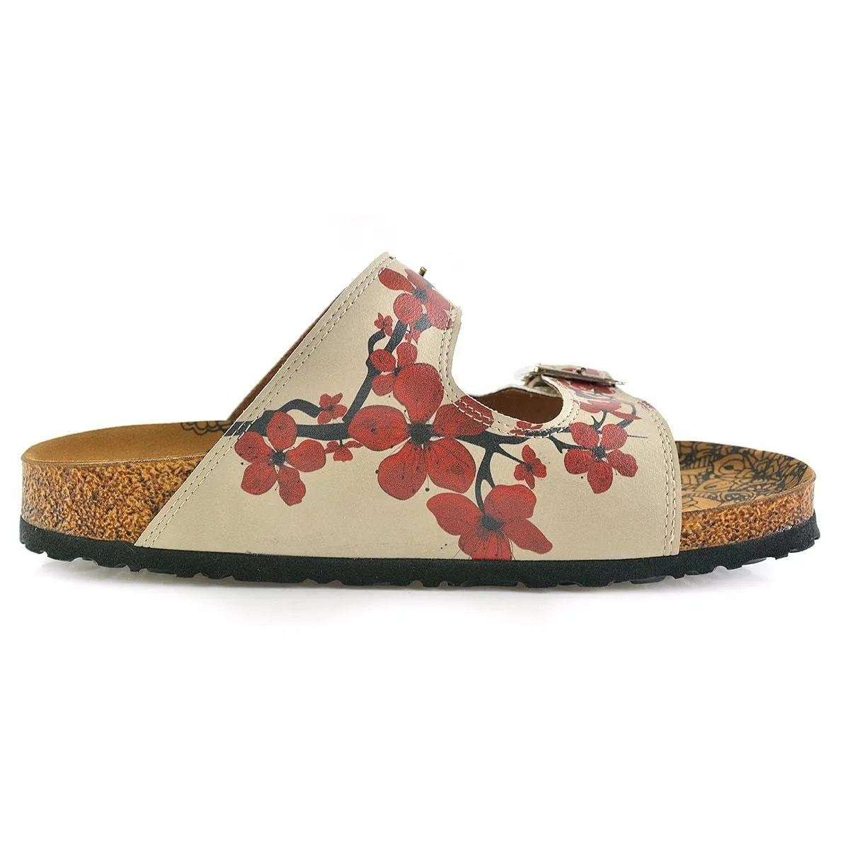 Cream and Red Flowers, Black Tree Leaf and Black Bird Patterned Sandal - CAL207