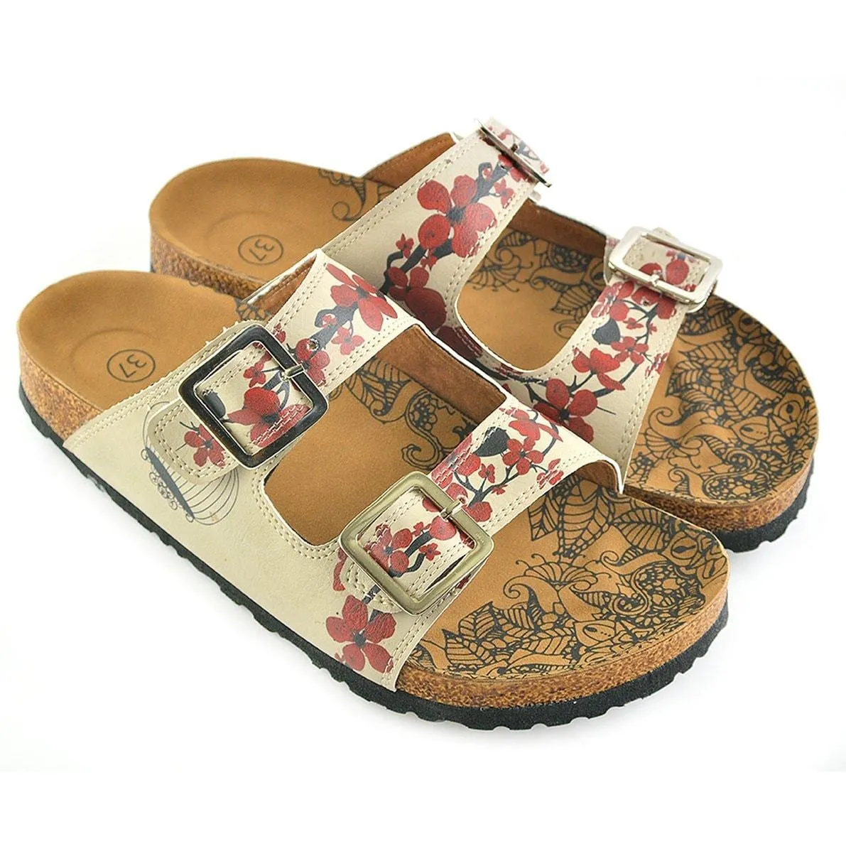 Cream and Red Flowers, Black Tree Leaf and Black Bird Patterned Sandal - CAL207